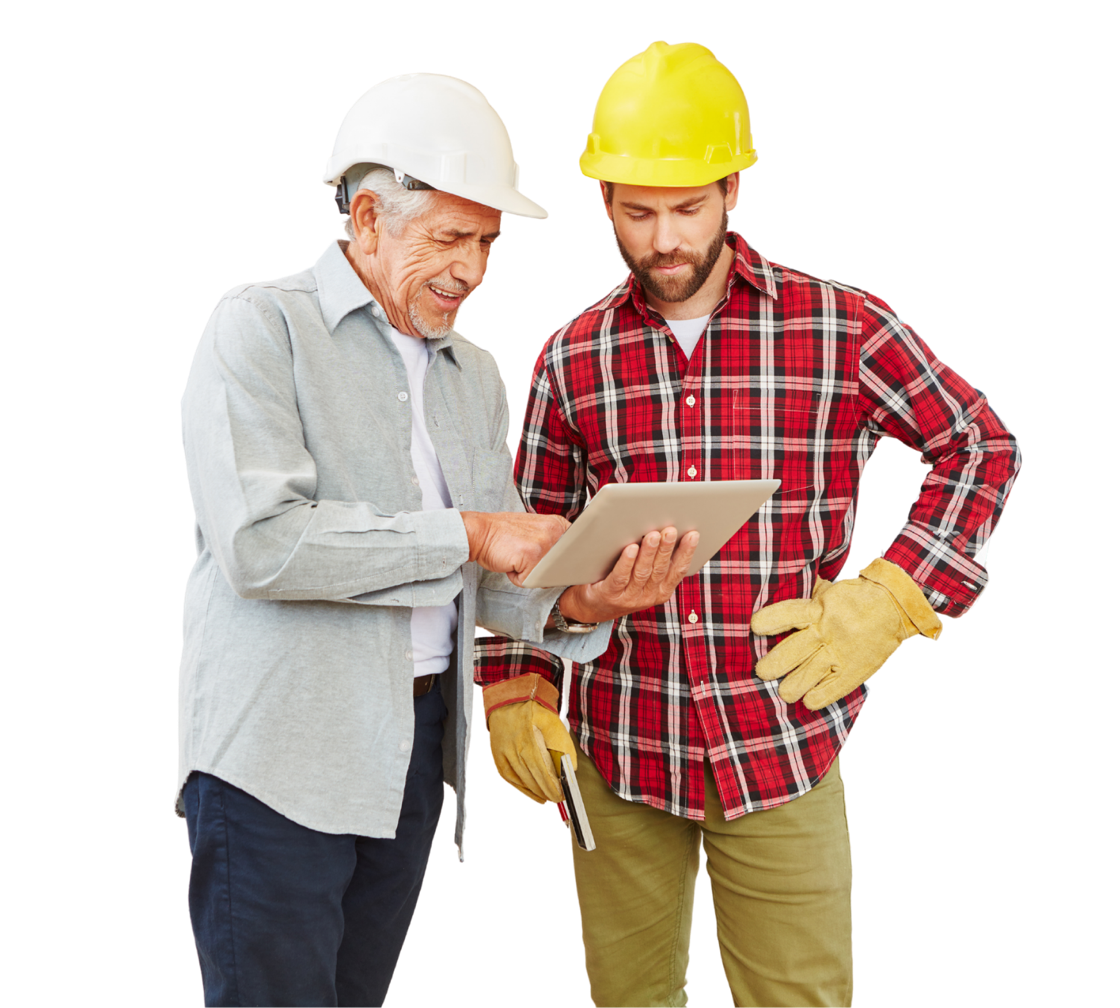 Dos trabajadores de construcción firmando un documento desde una tableta en obra